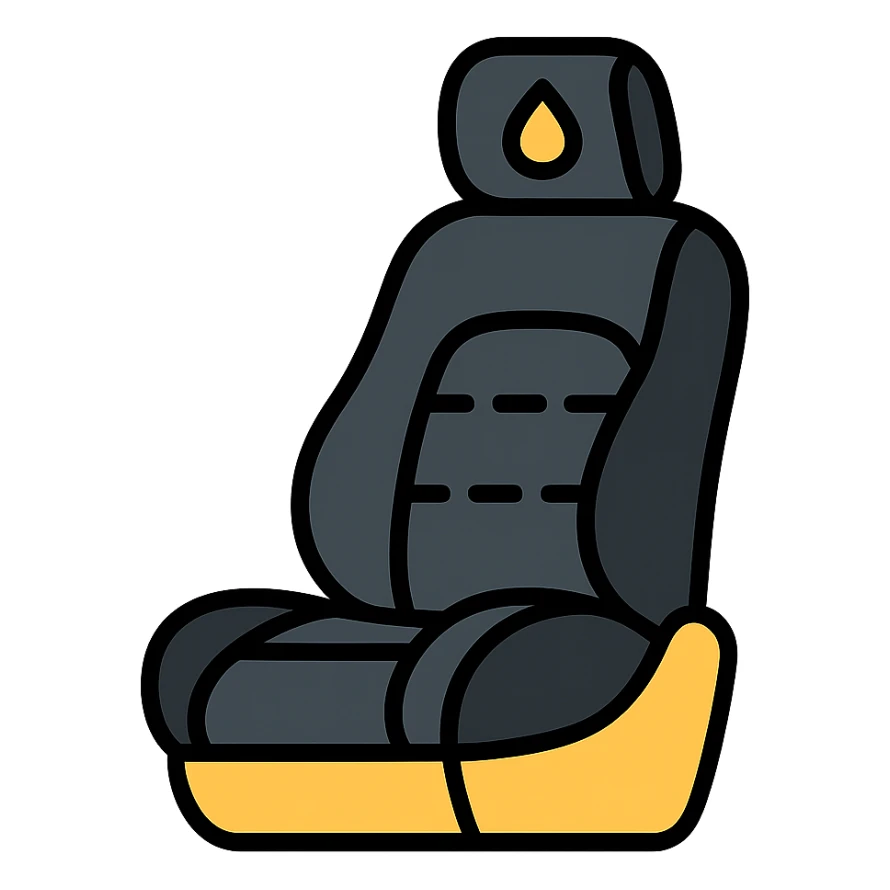 luxury car seat in matte black with a small droplet or shield on the headrest, elegant stitching, minimalist lines, modern and clean style icon sticker