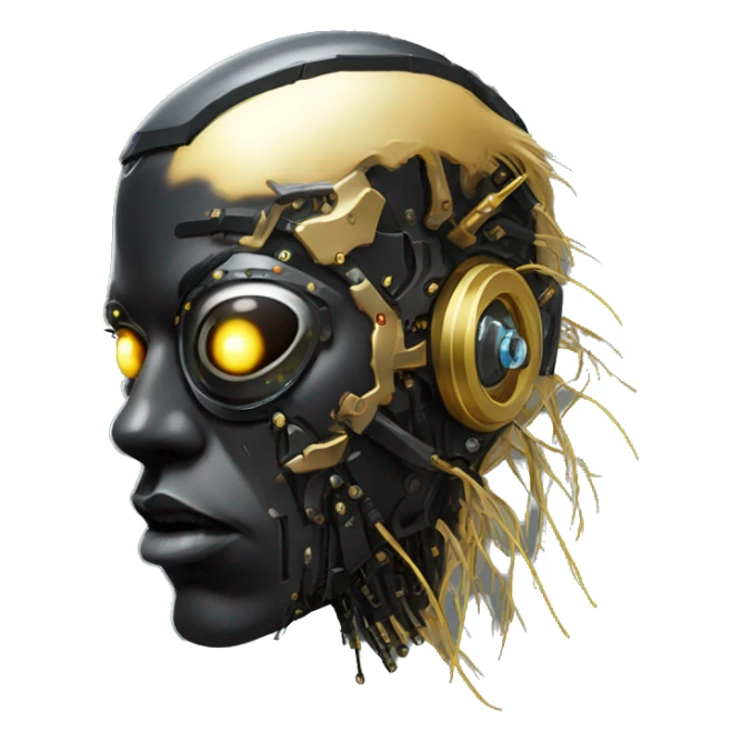 black metal male cyborg head with artificial eyeball, circuitry and wispy yellow gold hair sticker