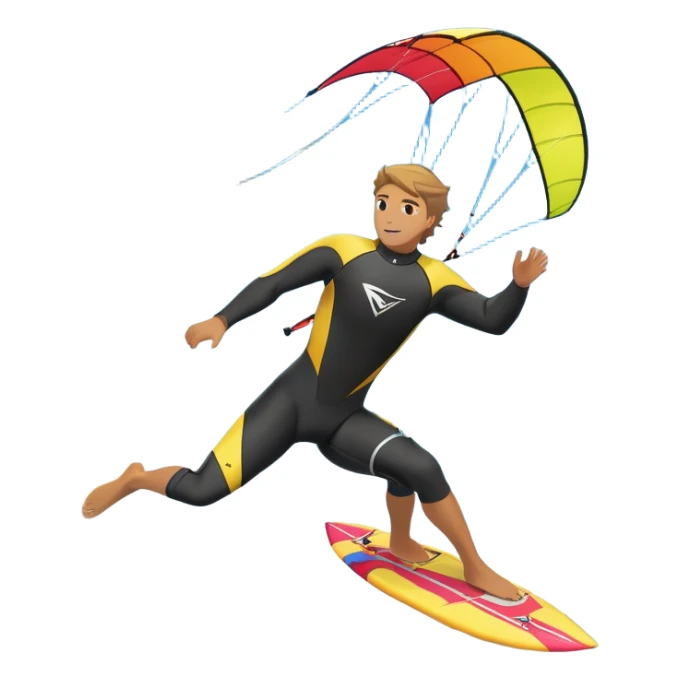 A kite surfer soaring above the waves, holding onto a kite with the wind in full force. The background showcases the ocean and sky, emphasizing the freedom, thrill, and energy of the sport. The motion of the kite and board is dynamic, capturing the excitement of kiting. sticker