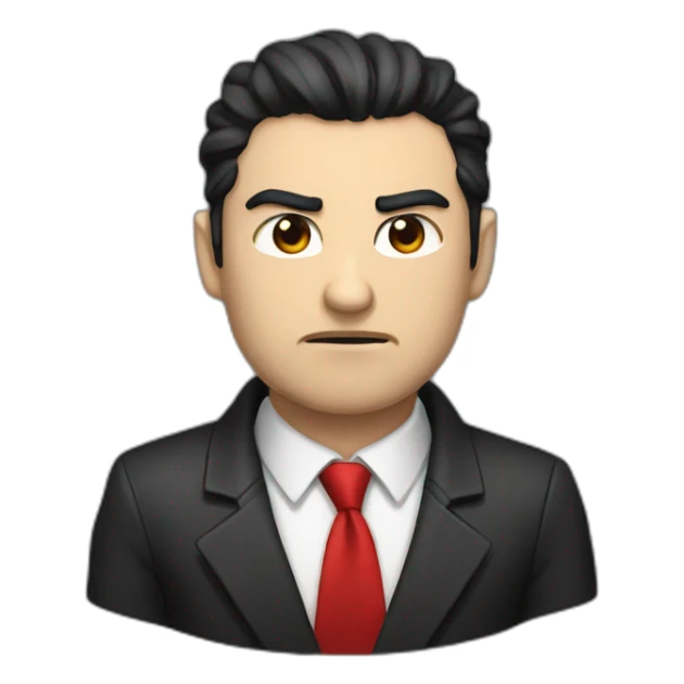 Boss, white skin, black hair, brown eyes, black jacket with red tie. angry sticker