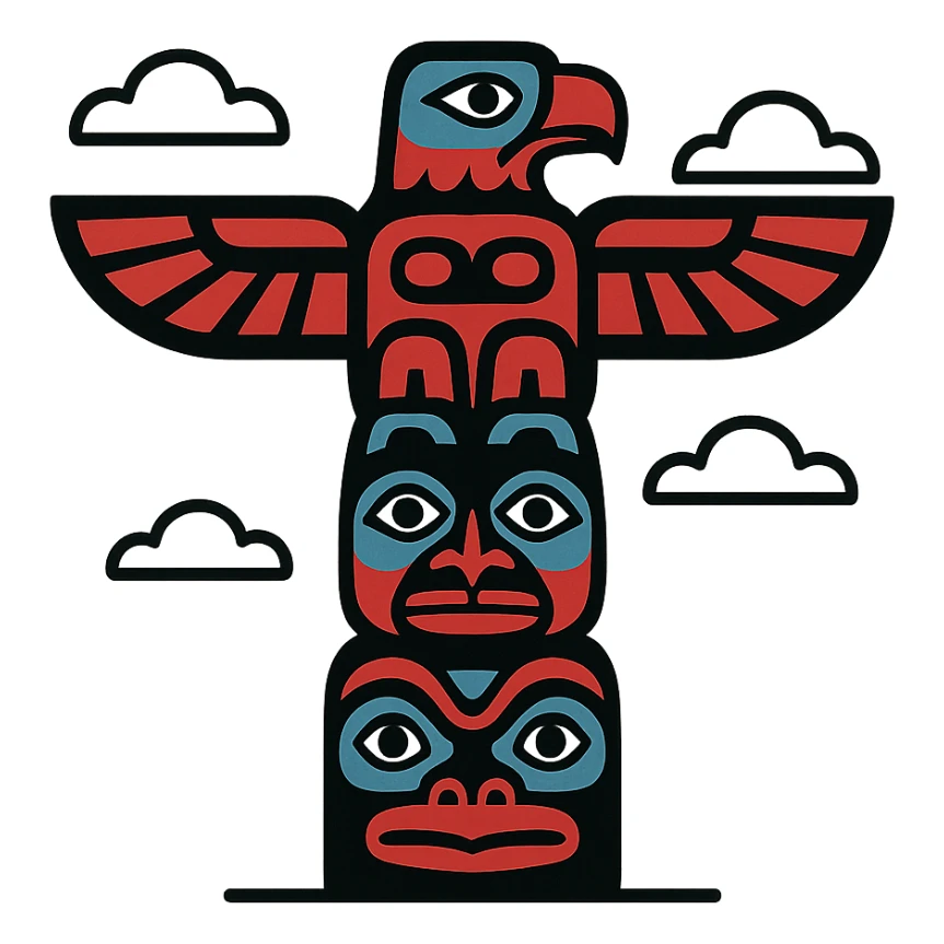 minimalist logo for Totemism inspired by traditional totem poles, stylized eagle and stacked animal shapes, geometric lines and bold tribal patterns in red black white and blue, simple modern design suitable for branding honoring indigenous heritage sticker