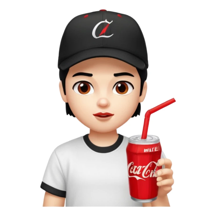 generate a pretty bratz boy with a nike black baseball cap, a white tshirt and drinking coke , black hair sticker