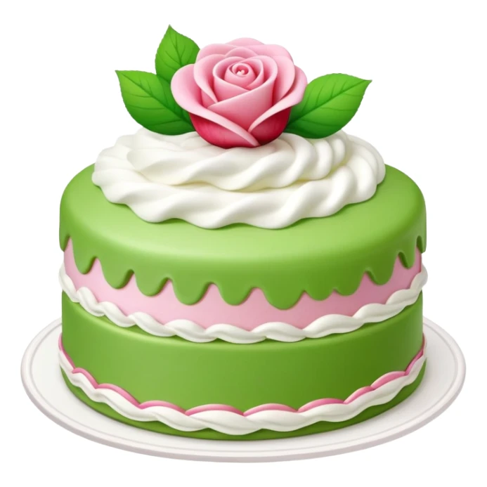 prinsesstårta cake with green marzipan on top, with a pink marzipan rose on top. Whipped cream, vanilla cream and strawberry jam inside sticker