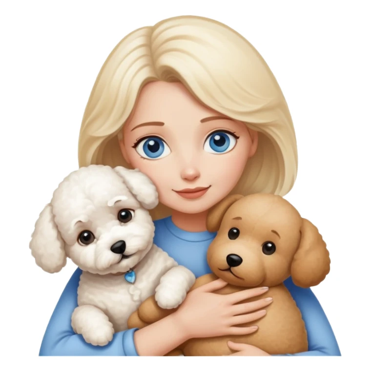Blonde blue-eyed mother hugs two dogs, a Bichon Frise and a Teddy sticker