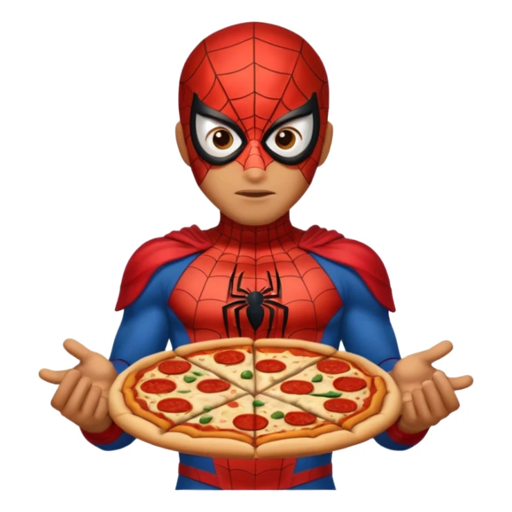 spiderman, wearing ancient custome, with pizza sticker