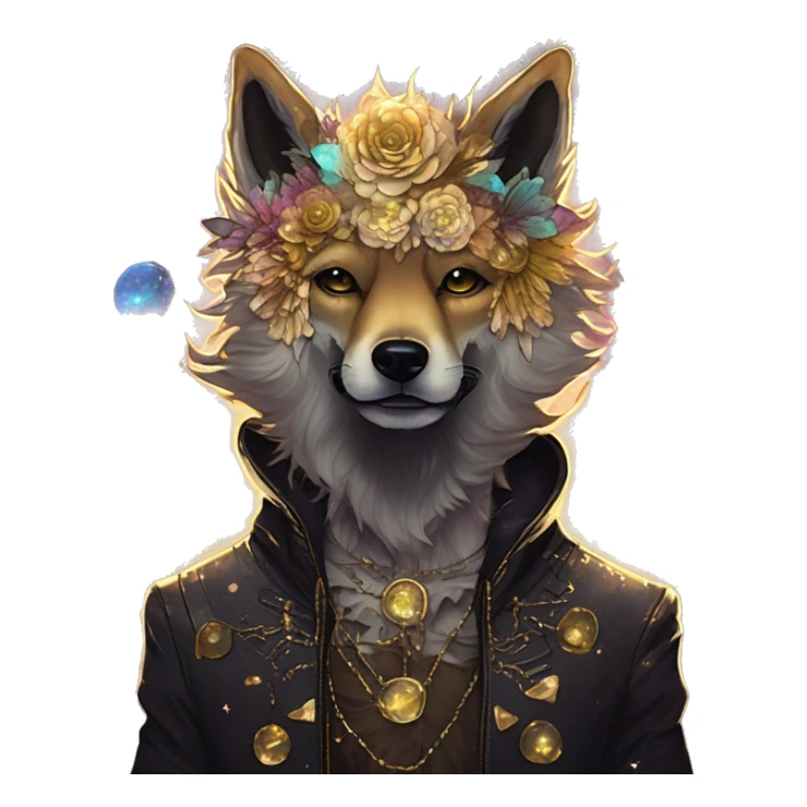 iridescent kintsugi fluffy zombie black brown gold dog fox head zombie skeleton gold mechanical nebula galaxy stars colorful flowers fairy lights vintage zombie sticker