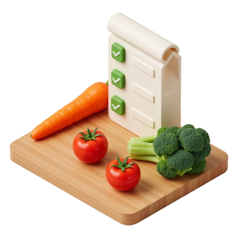 carrot tomato brocoli on the wooden cutting board with floating rolled paper list with green checkboxes sticker