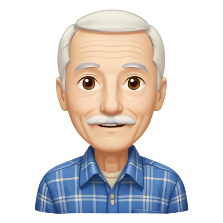 Elderly thin man with light skin. Elongated face with kind smile. Long straight white hair reaching down to chest, with some bangs. Light brown eyes. Thin eyebrows. White goatee and mustache. Very slim build. Wearing a blue and beige plaid shirt. sticker