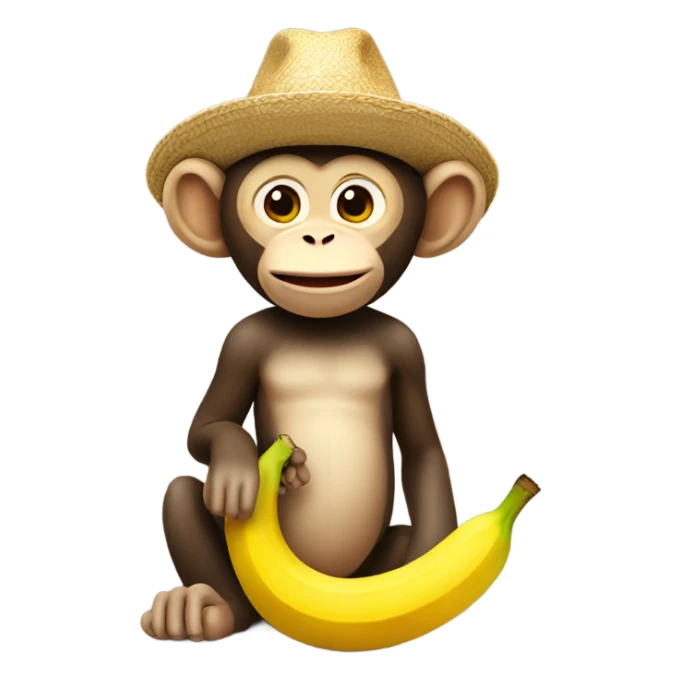 Monkey wearing a straw hat, holding a banana sticker