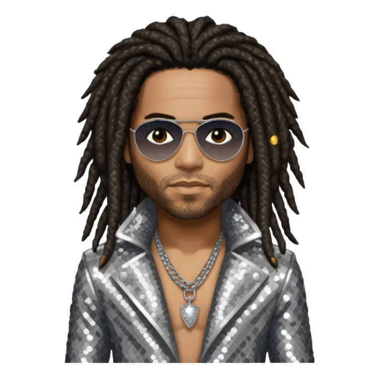 Lenny Kravitz with long dark brown dreadlocks, silver sequin outfit sticker