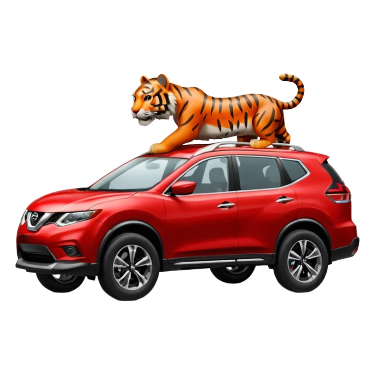 A Tiger driving inside a RED NISSAN ROGUE SUV sticker