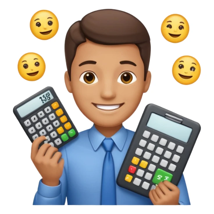 male aUDITOR smiling with spreadsheet and a calculator, emoji, ADD A puzzle and a Balance for accounting sticker