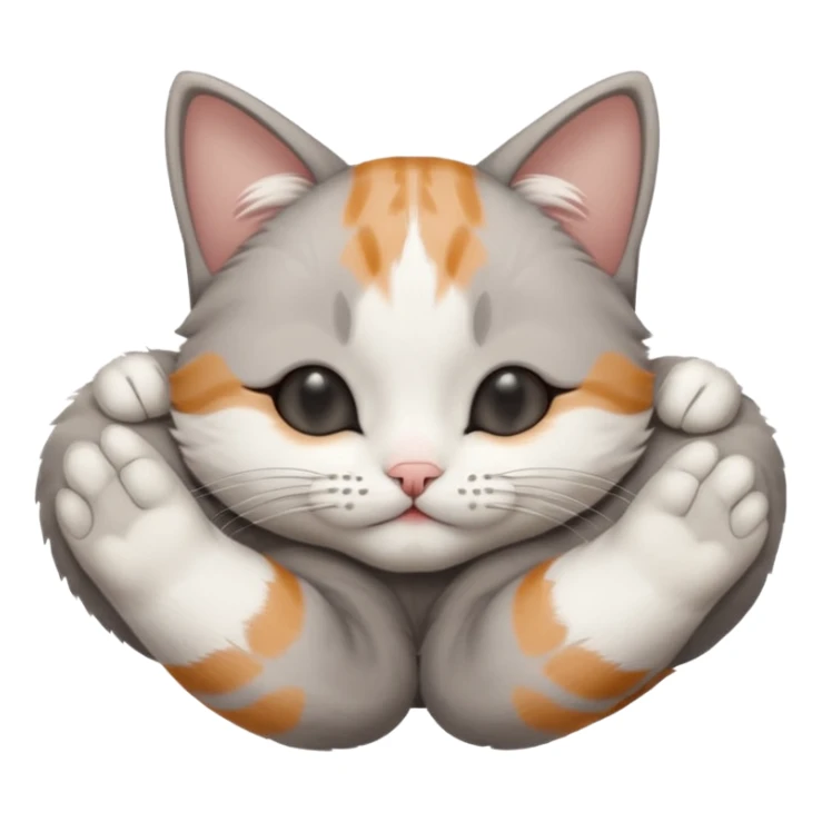 grey and white small cat with eyes closed lying down upside down with its paws/arms tightly covering its own face sticker