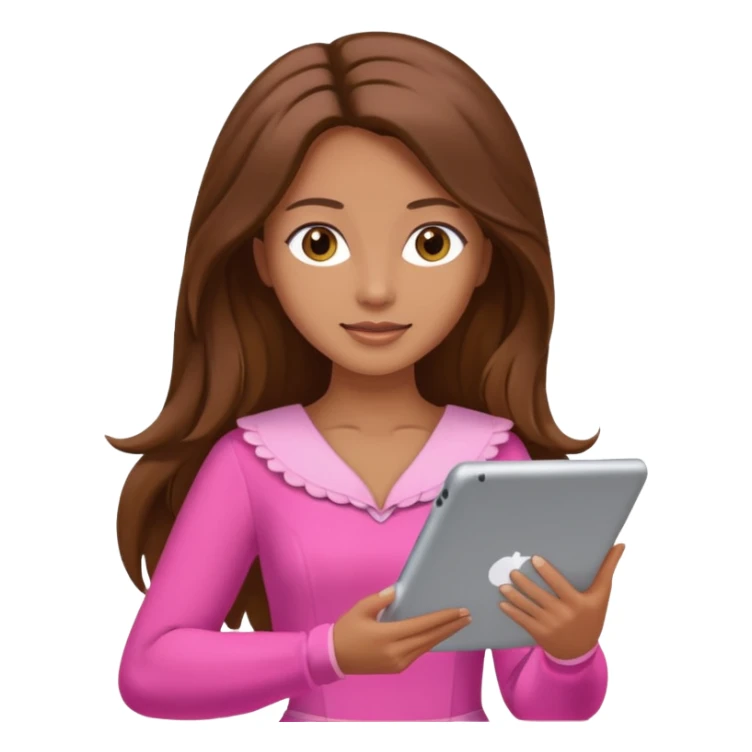 woman with brown long hair and pink costume with tablet sticker