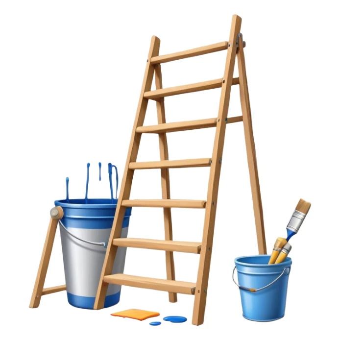 Create an icon that represents the hobby of wall painting. The design should feature a wall with a beautiful, frameless painting in progress. Include a paint bucket with brushes and rollers, as well as a wooden ladder, symbolizing the process of creating the artwork. The wall should have visible brush strokes, indicating the work in progress. The composition should be harmonious and balanced, reflecting both the artistic and practical aspects of wall painting. The background should be transparent. sticker