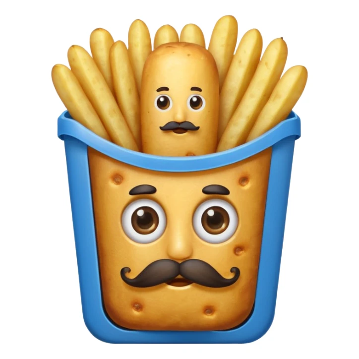 long fried potatoes in a blue carton, carton has eyes and mustache sticker