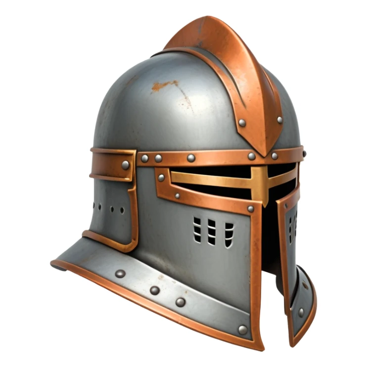 Antique medieval knight helmet with light rust and weathered metal sticker
