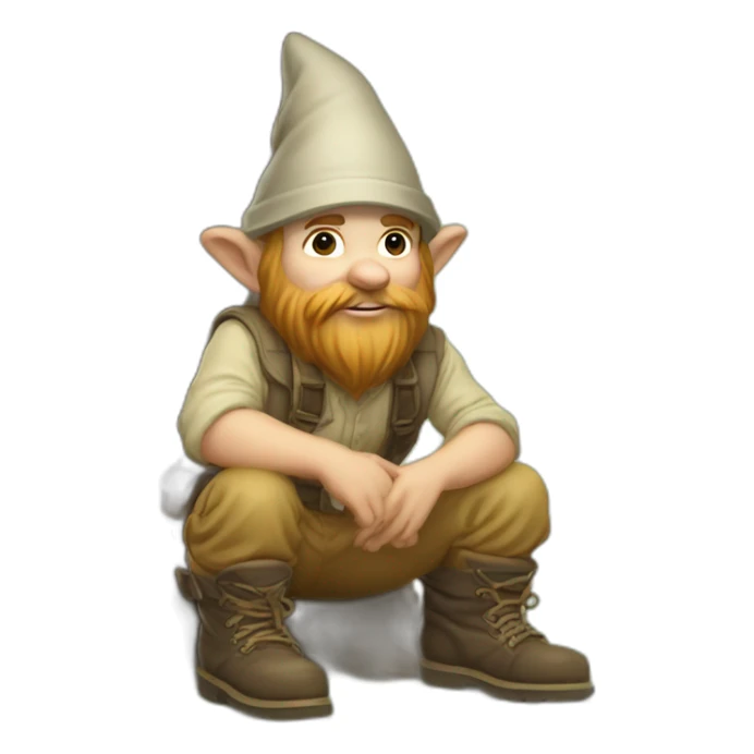 side angle of gnome with light tan pants and light tan boots squatting in front of small brown log sticker
