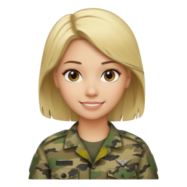 Apple-style emoji: female soldier, bust, no cap/helmet, friendly smile, generic camo top,  black color blonde hair sticker