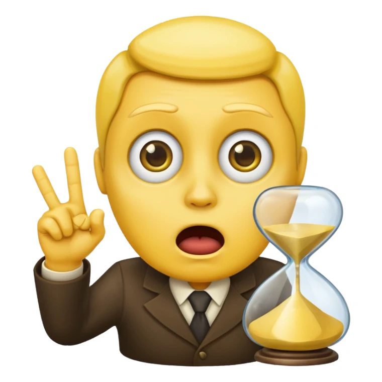 classic emoji style, yellow face with a finger raised as if saying 'wait', with a small hourglass, no text sticker