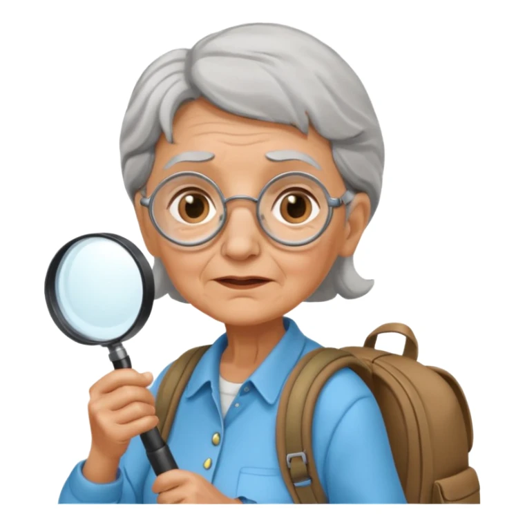 Explorer old woman with magnifying glass and backpack sticker