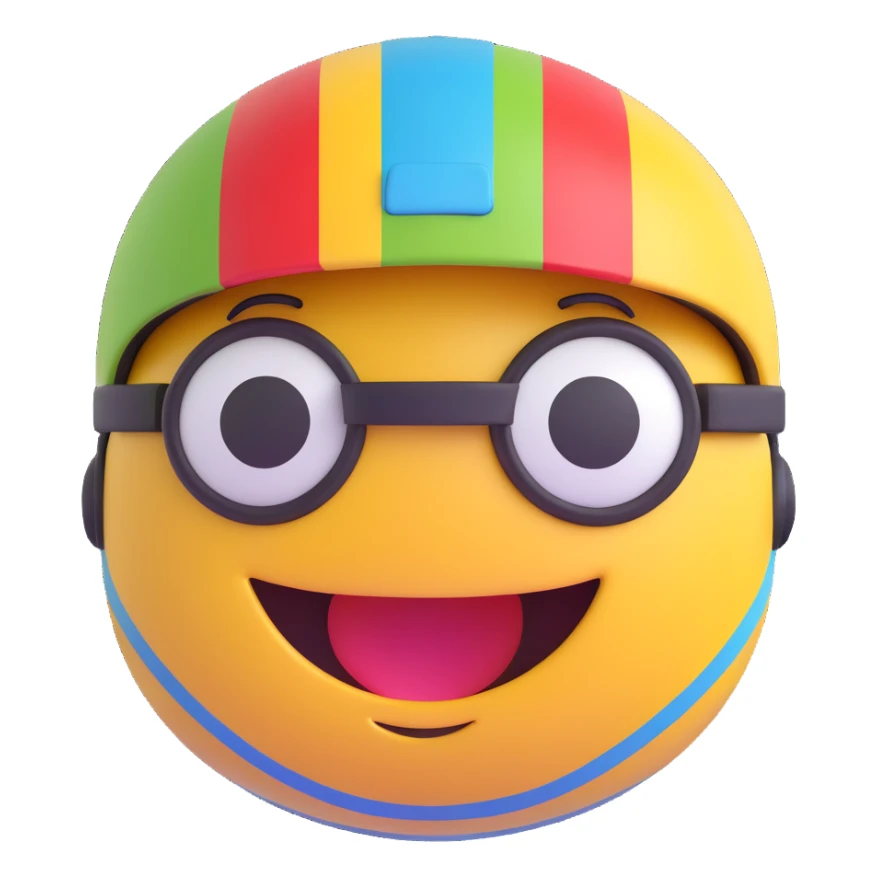 3D smiley emoji, round shape, motorcyclist with colorful striped helmet: striped helmet, smiling face sticker