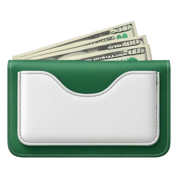 white wallet with dark green details, white dollar bills with dark green elements sticking out, minimalism sticker