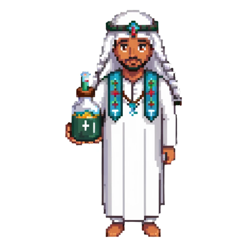 Arab man with traditional headdress holding medicine sticker