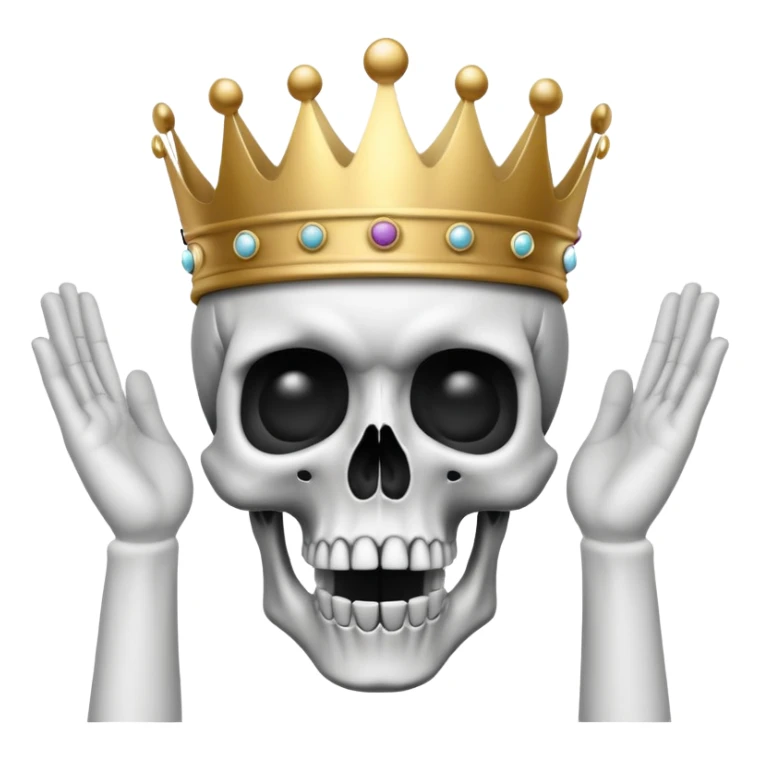 A shocked skull with a crown on top, both hands raised pressing on its head in disbelief, black and white sticker