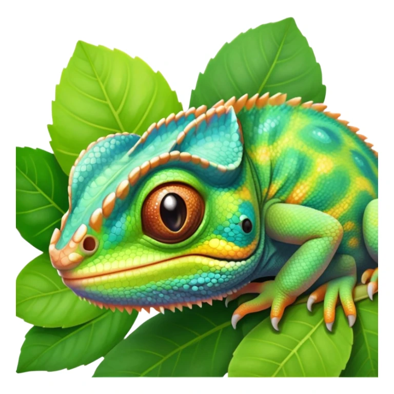 cinematic cute-smiling baby chameleon-realistic emoji,-blending-with-vibrant-greenery.-detailed-scales-in-shifting-colors,-showing-the-chameleon’s-ability-to-camouflage.-soft-natural-light-highlights-its-texture.-nature-background, zoomed into its face sticker
