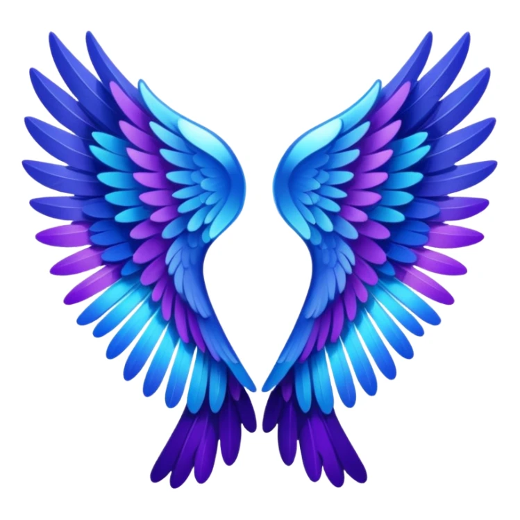 crystal angel wings with black feather tips, accented with purples and blue, emoji style sticker