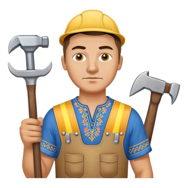 Ukrainian man wearing traditional embroidered vyshyvanka shirt holding construction tools like hammer and wrench sticker