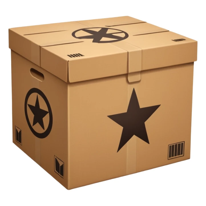 closed box with military symbol, minimalist, no details, brown box sticker