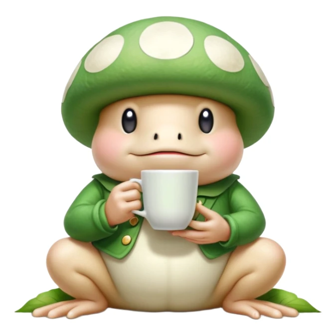 Mushroom person (Toad from Mario games) drinks a cup of green tea while he is waiting for Princess Peach Toadstool being done with her meeting with other toads on zoom call about something sticker