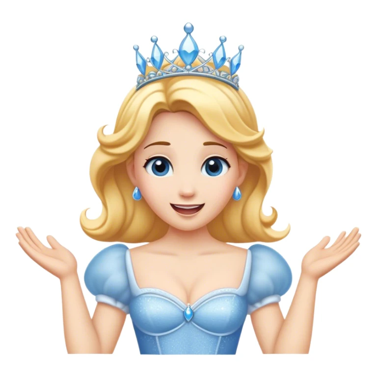 Cinematic Playful Cinderella Portrait Emoji, Blushing with excitement, hands clasped near her heart, eyes wide with anticipation, her tiara slightly askew from an unexpected twirl, a radiant princess caught in a moment of joy, utterly captivating! sticker