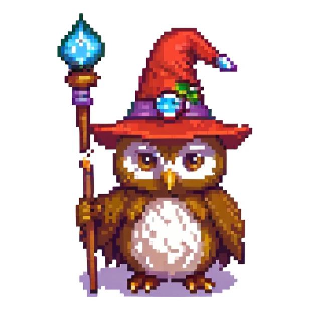 pixel art owl with a red wizard hat and a magic wand sticker