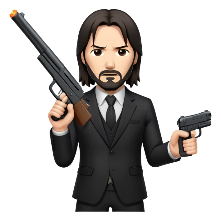 John Wick in black suit with long hair, determined expression, holding a gun sticker