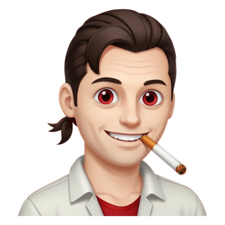 A white man with dark brown hair in a ponytail, oversized bloodshot eyes, grinning, smoking a long roll up sticker