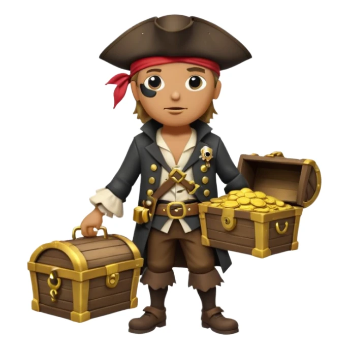 A 3D cartoon pirate character with one eye covered by a black eye patch, holding a treasure chest filled with gold coins and jewels, standing on sandy ground, wearing a pirate hat and coat, warm sunset lighting, realistic Memoji-style rendering. sticker