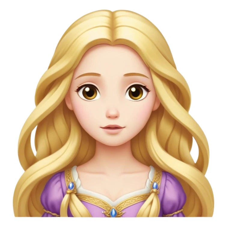 Cinematic Serene Rapunzel Portrait Emoji, rendered in a simplified vector style. Depict a gentle Rapunzel (chest and above) with delicate porcelain skin and long, shimmering golden hair, her expression calm and reflective, dressed in her traditional attire. The image is imbued with a soft, luminous glow and a subtle glowing outline. sticker