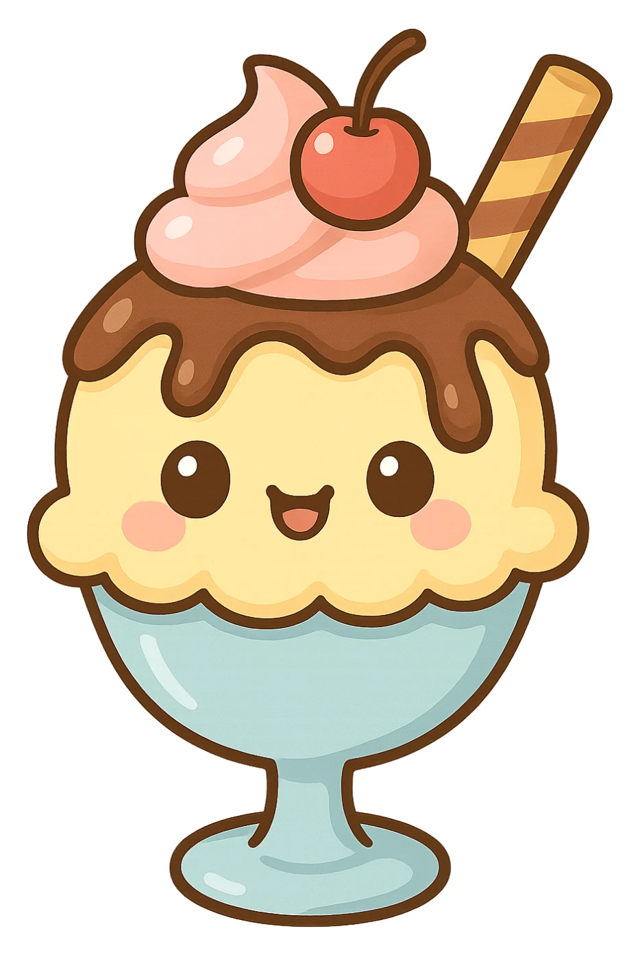 chibi sticker-style ice cream sundae with a smiling face, cute and exaggerated sticker