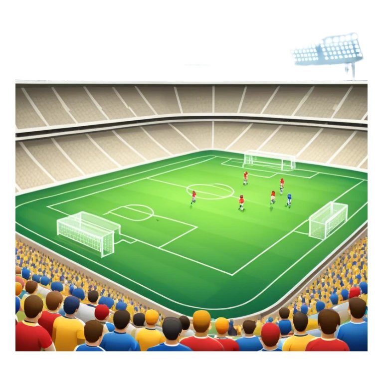 An icon featuring a large stadium with a football match in progress, players in action on the field, and a cheering crowd in the stands. Bright floodlights illuminate the pitch, creating an intense atmosphere of competition. The transparent background highlights the thrill of live sports events. sticker