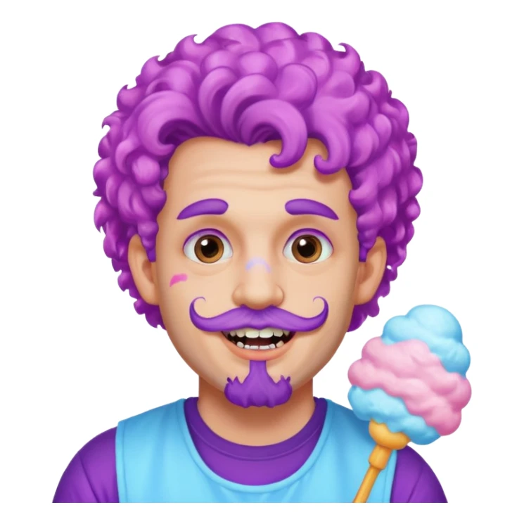 very colorful puffy violet curly haired man just beard  no mustache made out of cotton candy wearing teeth-braces and excessive face tattoos just face  sticker