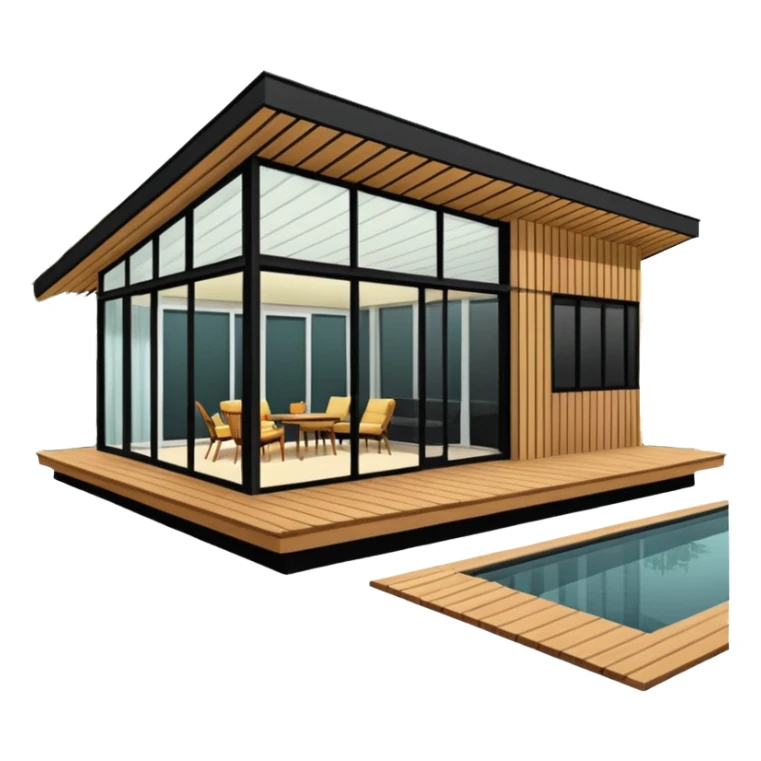 midcentury modern house with 1000 sqft and all windows and a sliding windows on corner. Single story. High ceilings, black and vertical wood slats for outside walls of home. Wood deck with complementary but different wood and shade from larger wood slats. With overhanging shade and slats. sticker