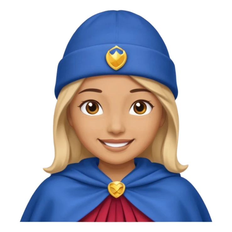 Female hero in blue beanie, cape flowing, smiling proudly.


































 sticker