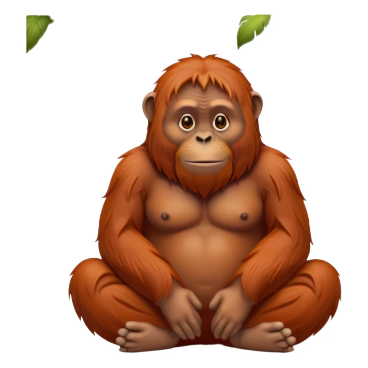 cinematic-orangutan-realistic-full-body-sitting-emoji,-massive-frame-relaxed-with-arms-folded-thoughtfully,-thick-orange-fur-flowing-in-the-breeze,-head-tilted-dramatically,-deep-dark-eyes-filled-with-ancient-wisdom,-simplified sticker