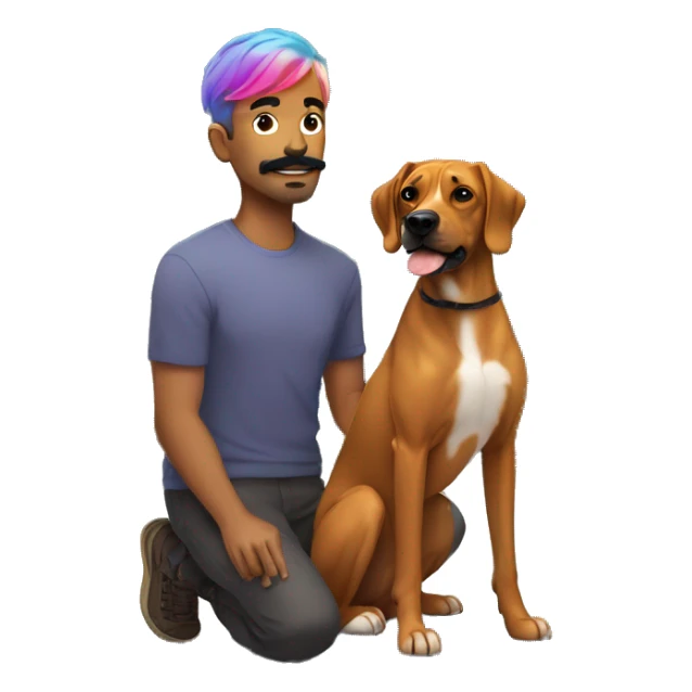 white man with rainbow colored hair and curled mustache standing alongside a brown rhodesian ridgeback dog sticker