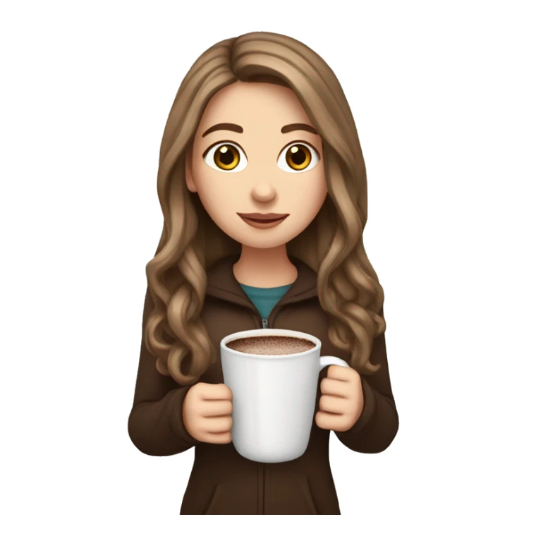 white girl with brown long hair and a hot chocolate sticker