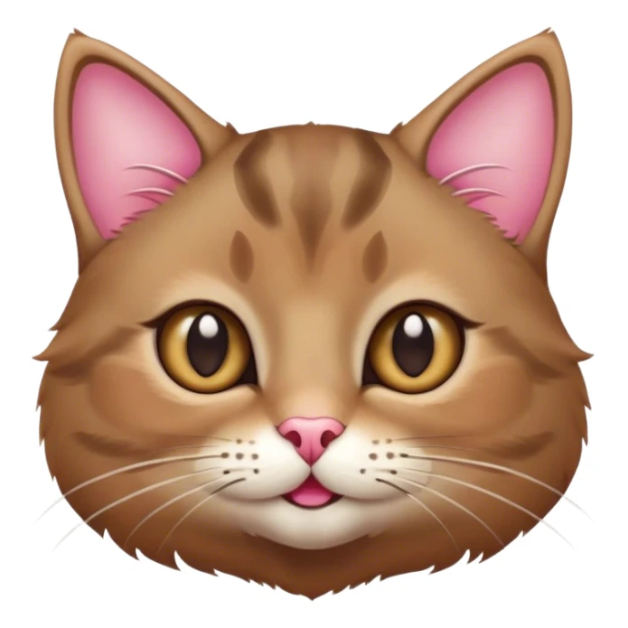 A soft, fluffy brown cat face with big round eyes, tiny whiskers, and a small pink nose. The ears are perked up, and the cat has a playful or mischievous smile. sticker