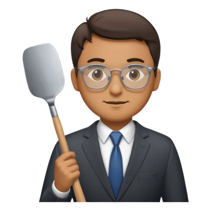 man standing with glasses wearing a suit and holding a spatula sticker